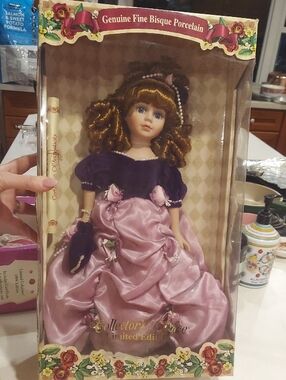 Genuine Fine Bisque Porcelain Collector's Doll - Purple & Pink Gown